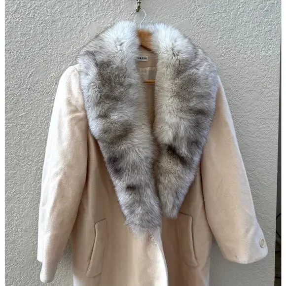 Vintage 1980's 100% Pure Wool Cream Fur Collar Long Coat - Picture 4 of 8